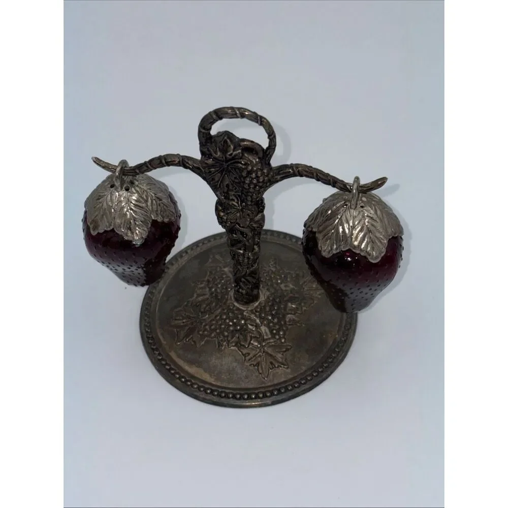 Vintage Red Glass Hanging Strawberry Salt & Pepper Shakers With Silver Stand